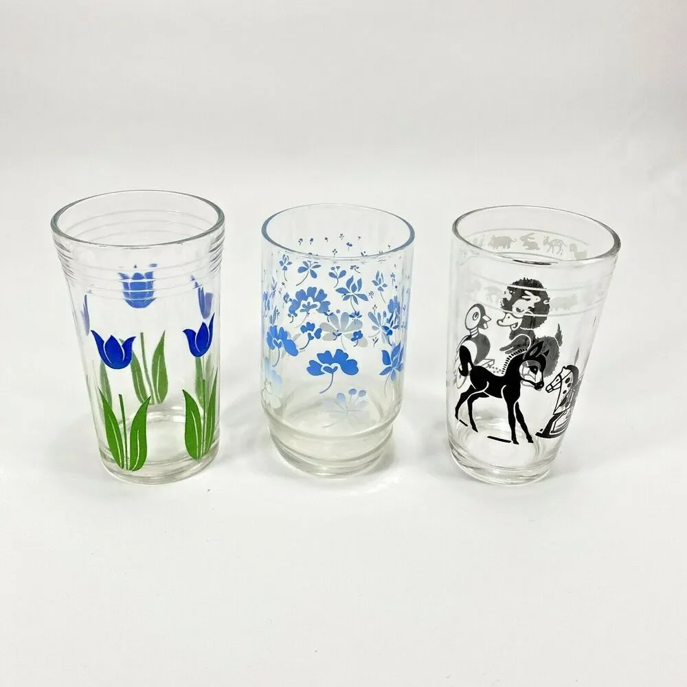 Vtg 50s 3 Juice Glasses Swanky Swig Kraft Hazel Atlas Kitsch Cottage Farmhouse